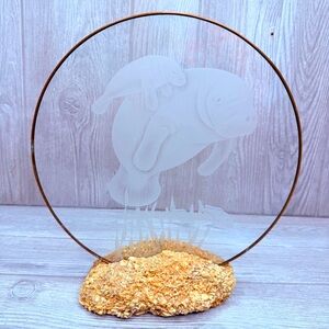 Etched glass manatee ocean  mounted on coquina rock by edmonston art decoration